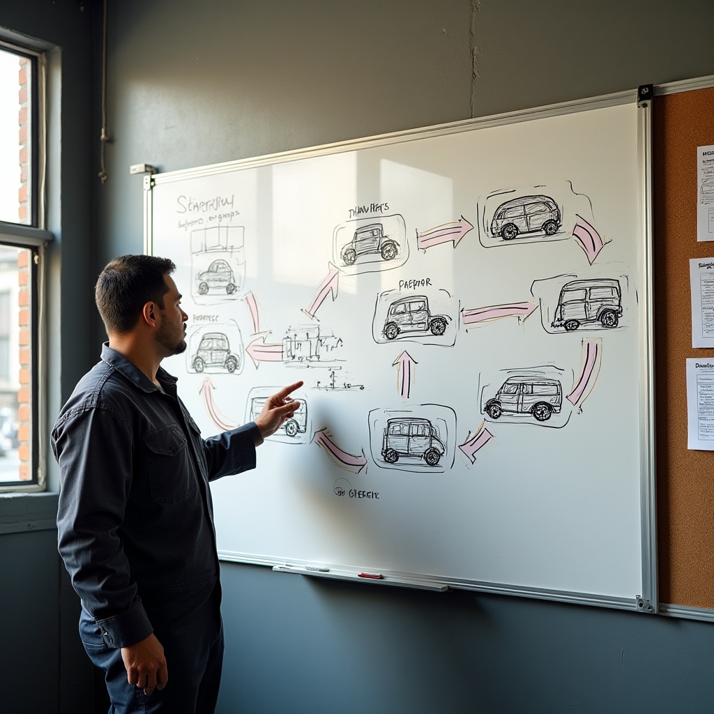 Schema del flusso di lavoro in un'officina automobilistica organizzata