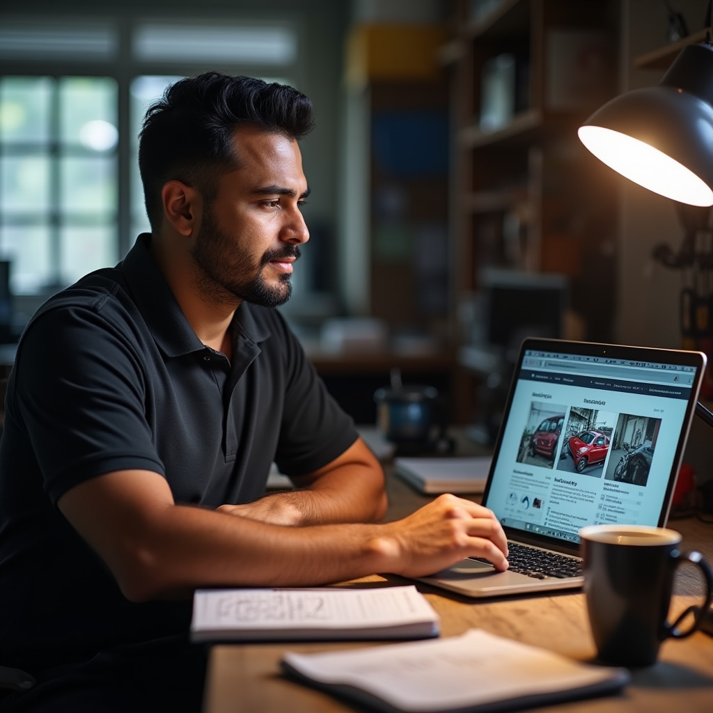 Titolare di officina che segue un corso online su laptop