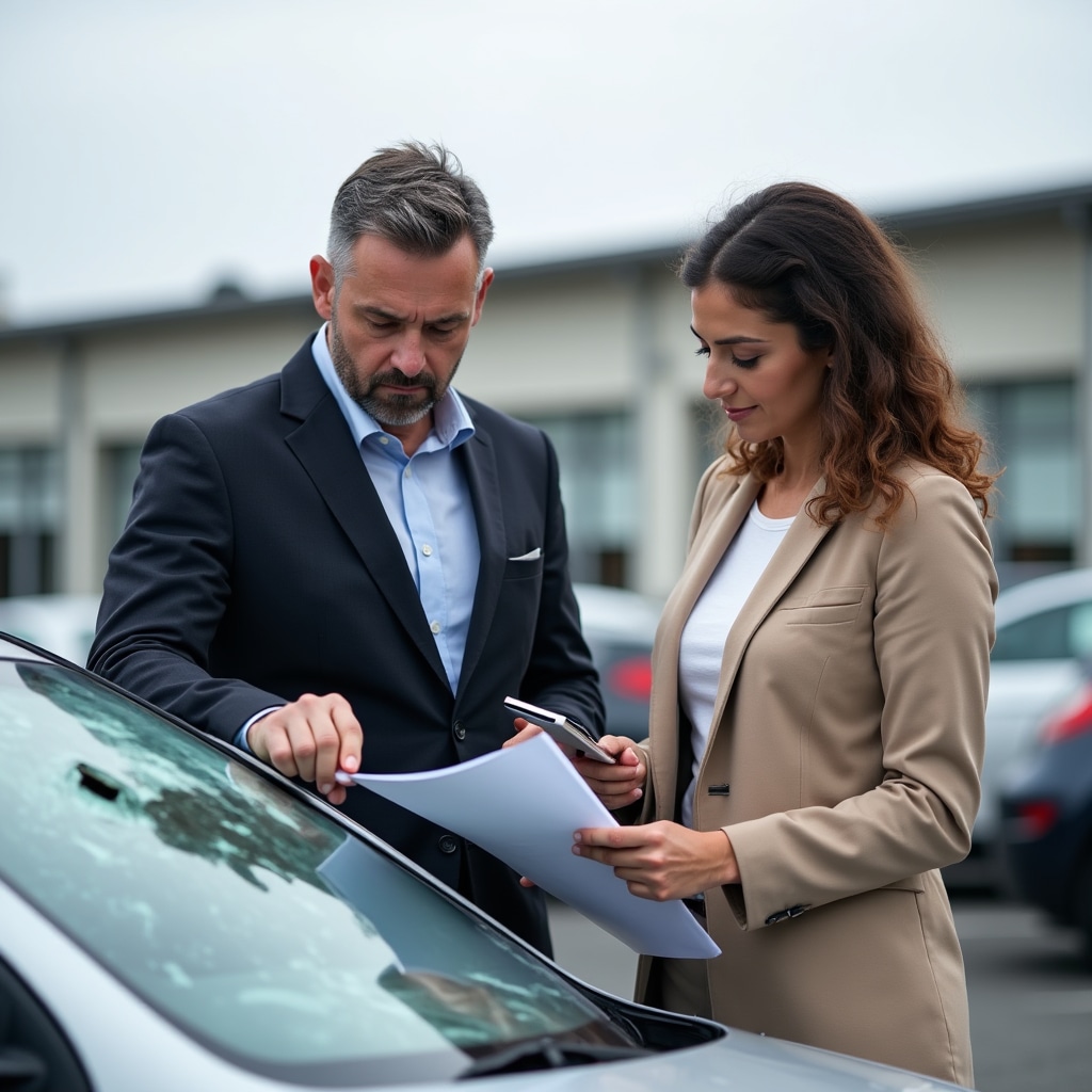 Perito assicurativo che esamina un veicolo danneggiato con documentazione