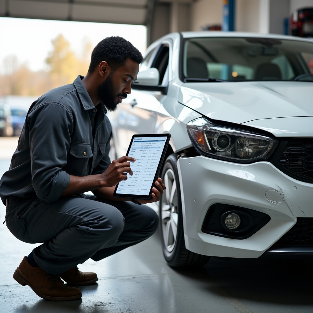 Tecnico che compila un preventivo su tablet in una carrozzeria moderna