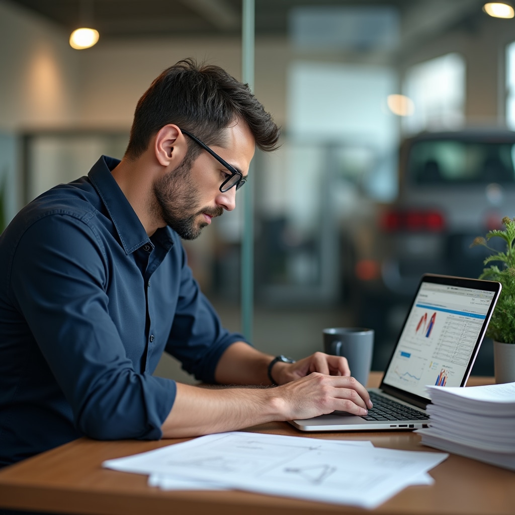 Titolare di officina che lavora alla scrivania con documenti e computer